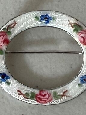 Vintage Signed LaMode Sterling Silver Guilloche Enamel Floral Circle Brooch Pin